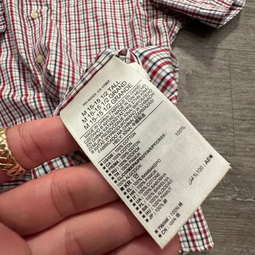 Banana Republic Shirt Mens M Tall Red White Blue Cotton Plaid Slim Non-Iron Prep
